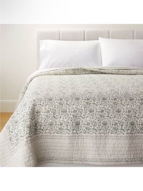 NWT King Decorative Border Cotton Slub Print Quilt Light Teal Green Studio McGee